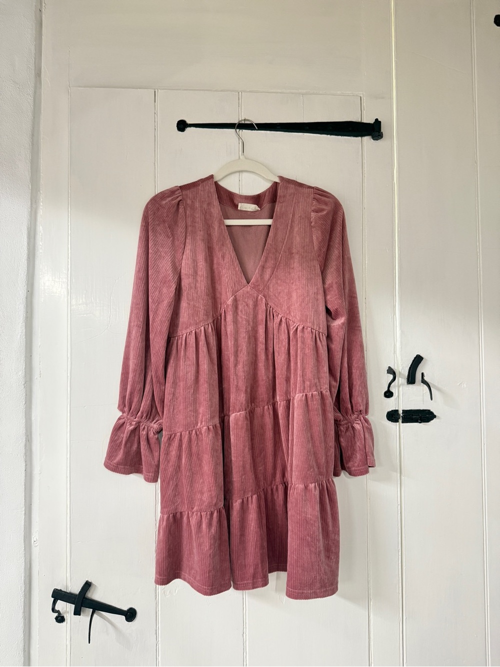 New In brand Dusty Rose Corduroy Tiered V-Neck Long Sleeve Dress